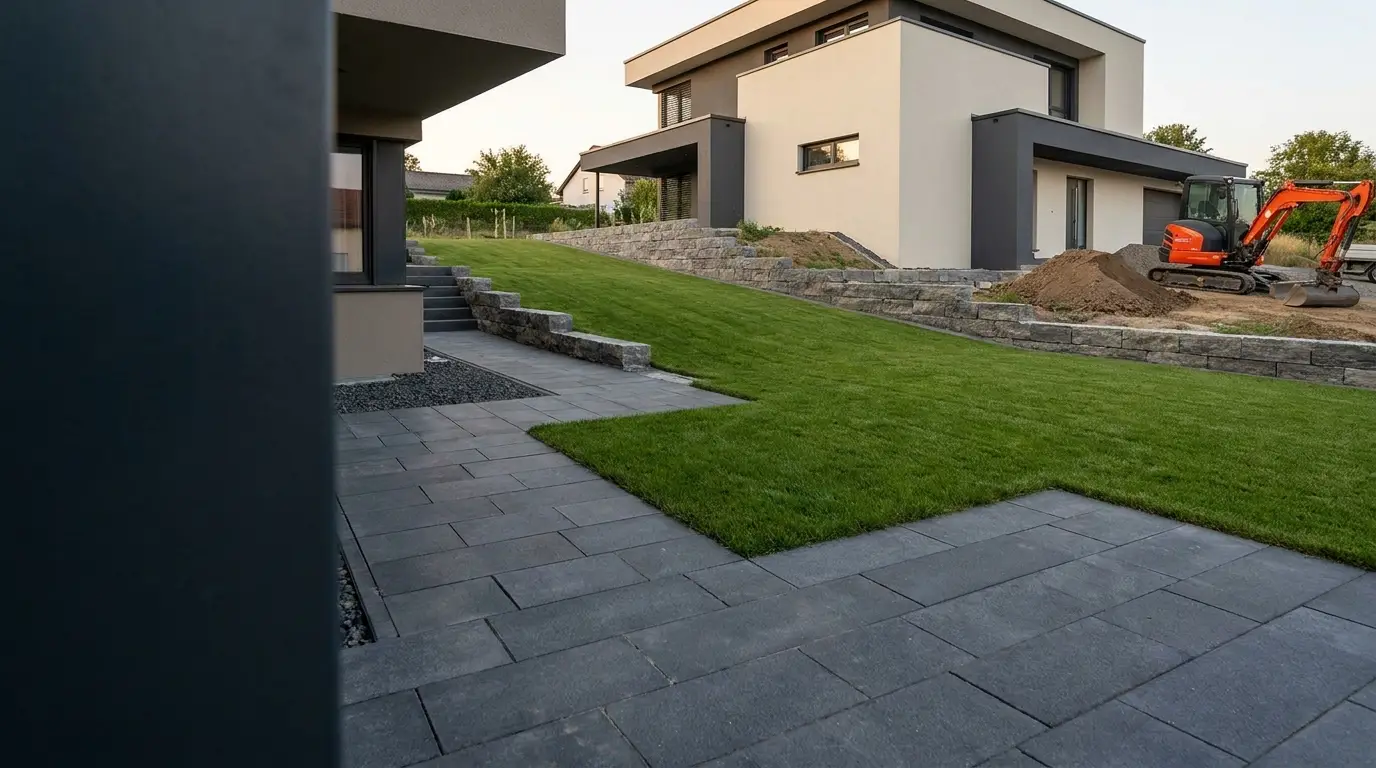 Modern gestaltete Außenanlage mit Wegen und Grünfläche