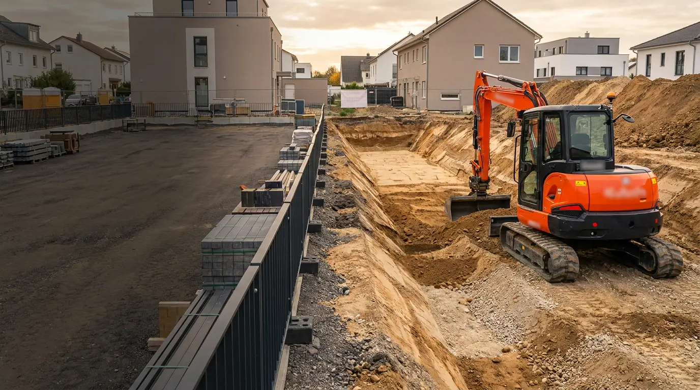 Baugrube mit Bagger bei präzisen Erd- und Tiefbauarbeiten